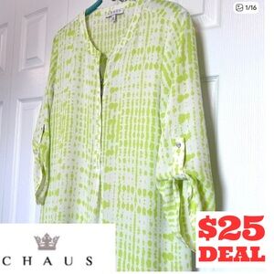 Chaus 3/4 Tab Sleeve Abstract Print Tunic Blouse with Zipper Detail Size M